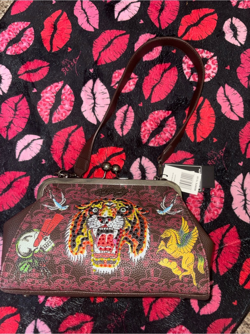 Ed Hardy Burgundy Printed Tiger Kisslock Shoulder Bag
